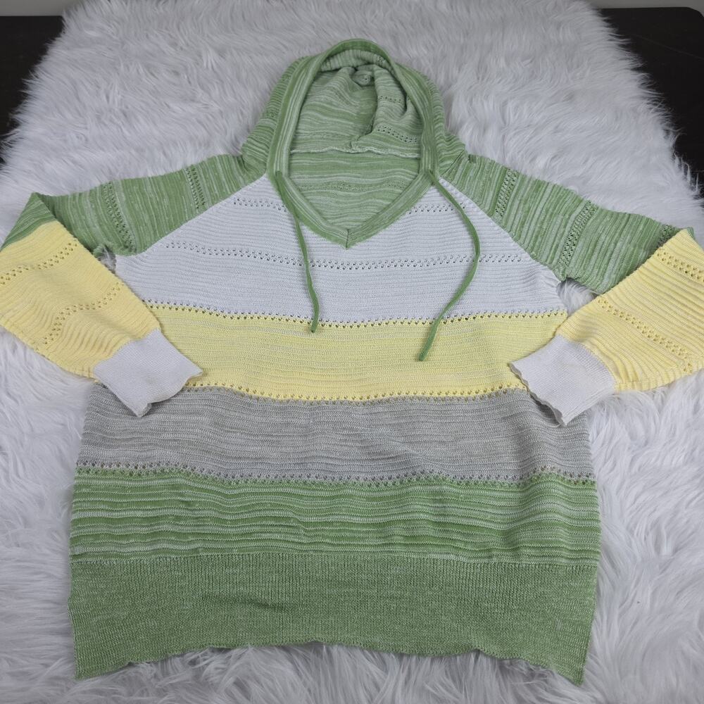 Large Women's Striped Lightweight Hoodie Sweater Green, Yellow Open Knit Acrylic